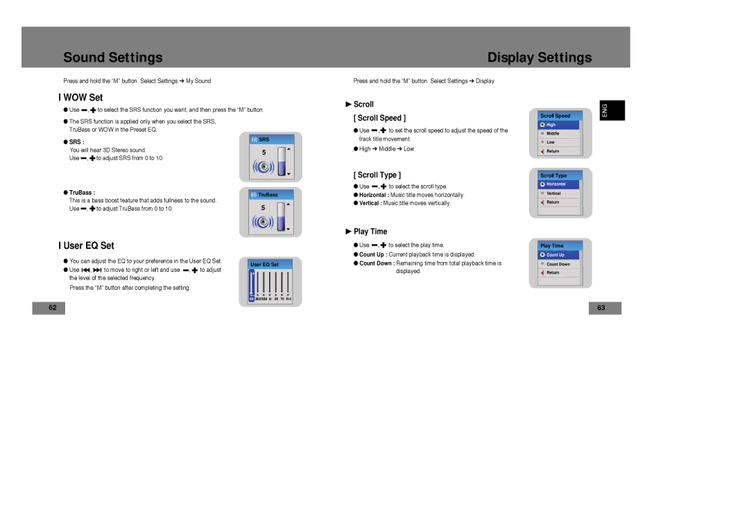 Samsung YP-T7Z/ELS, YP-T7X/ELS, YP-T7Z/XAA, YP-T7X/XAA manual Sound Settings Display Settings, WOW Set, User EQ Set 