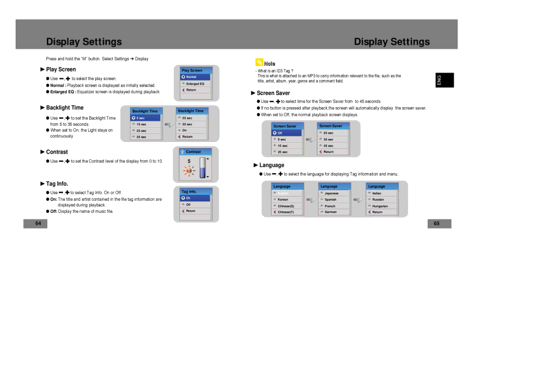 Samsung YP-T7X/ELS, YP-T7Z/ELS, YP-T7Z/XAA manual Play Screen, Screen Saver Backlight Time, Contrast, Language, Tag Info 