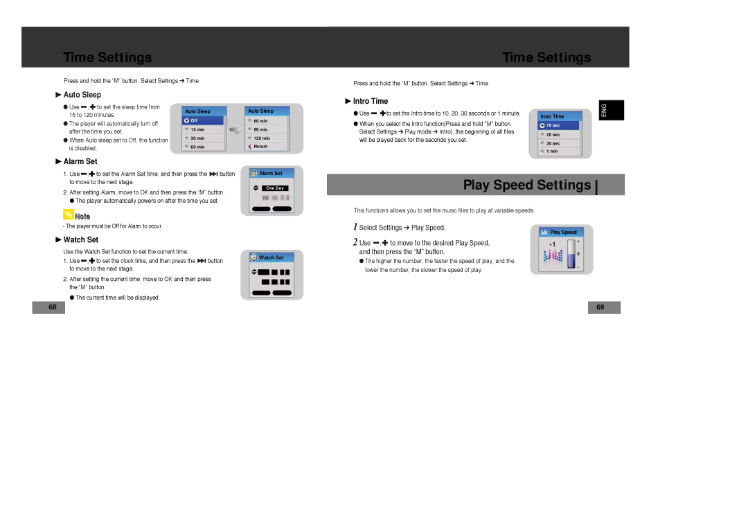 Samsung YP-T7X/XAA, YP-T7Z/ELS, YP-T7X/ELS, YP-T7Z/XAA manual Play Speed Settings, Intro Time, Alarm Set, Watch Set 