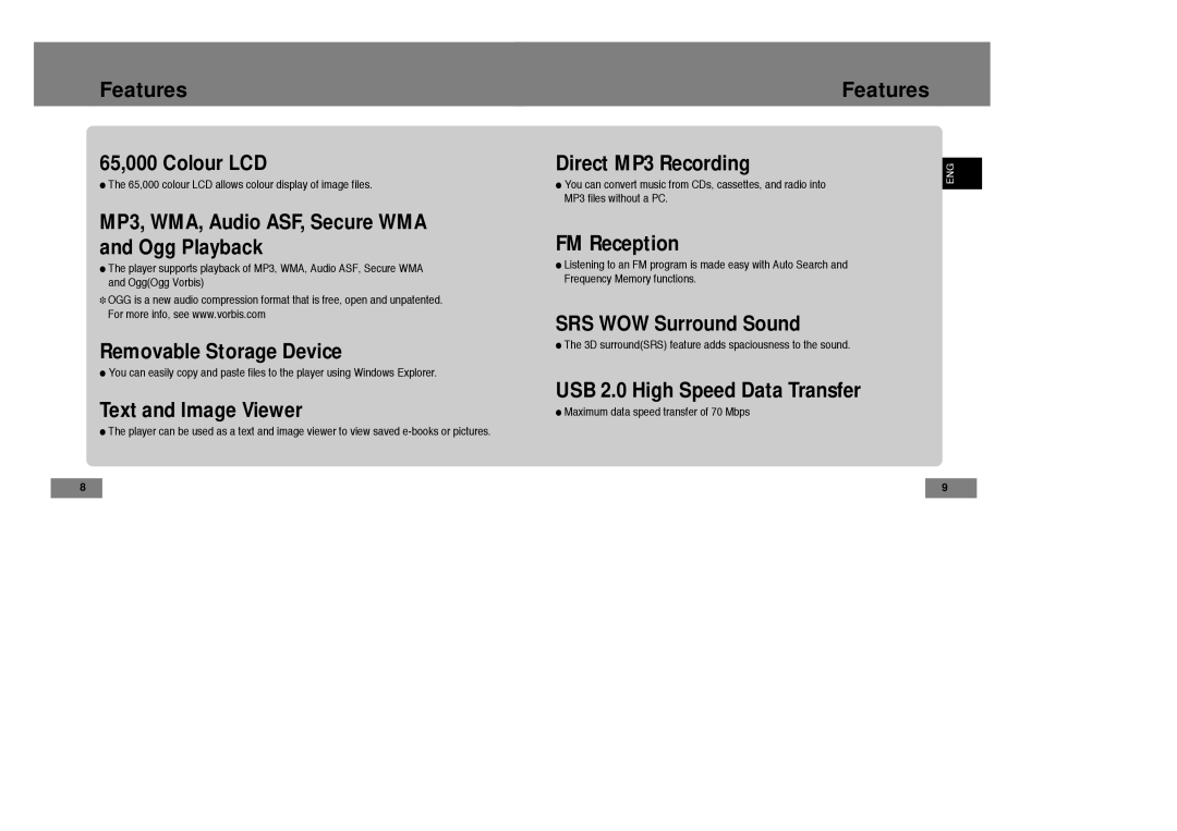 Samsung YP-T7X/ELS, YP-T7Z/ELS, YP-T7Z/XAA, YP-T7X/XAA manual Features 