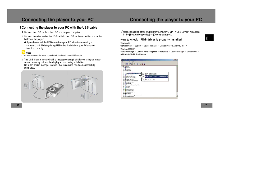 Samsung YP-T7X/ELS Connecting the player to your PC with the USB cable, How to check if USB driver is properly installed 