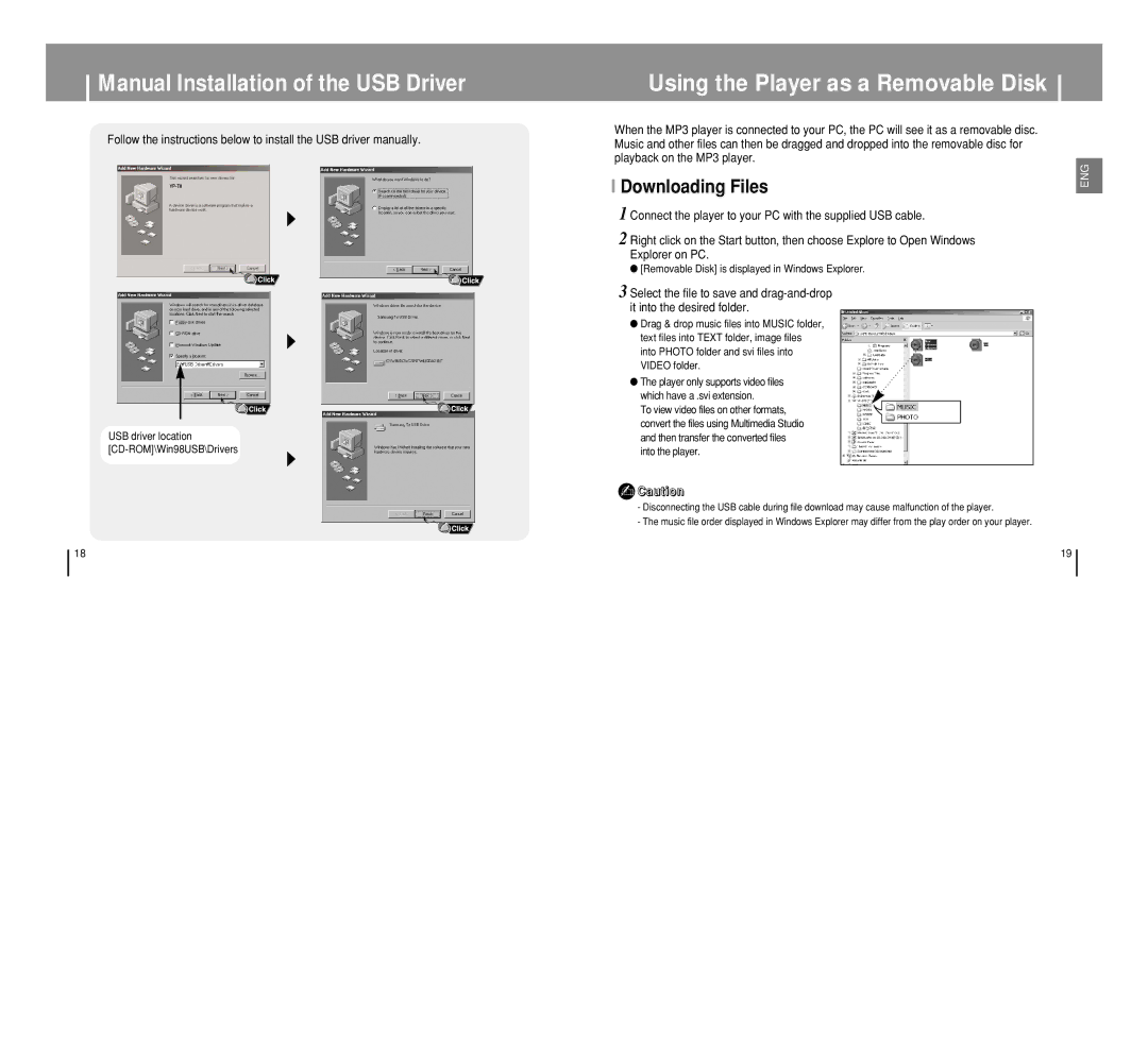 Samsung YP-T8 manual Downloading Files, USB driver location CD-ROM\Win98USB\Drivers 