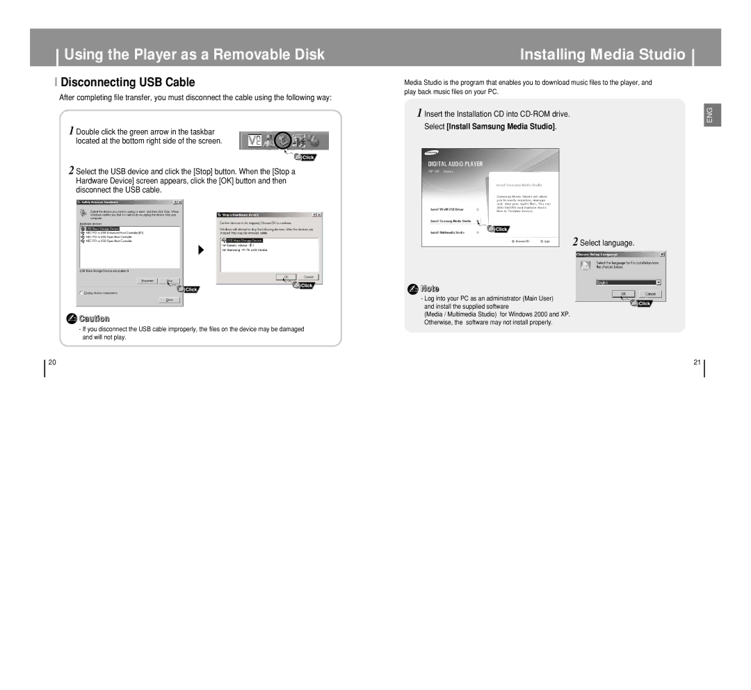 Samsung YP-T8 manual Installing Media Studio, Disconnecting USB Cable, Select language 