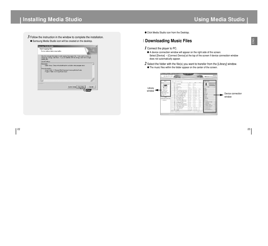 Samsung YP-T8 manual Using Media Studio, Downloading Music Files, Connect the player to PC 