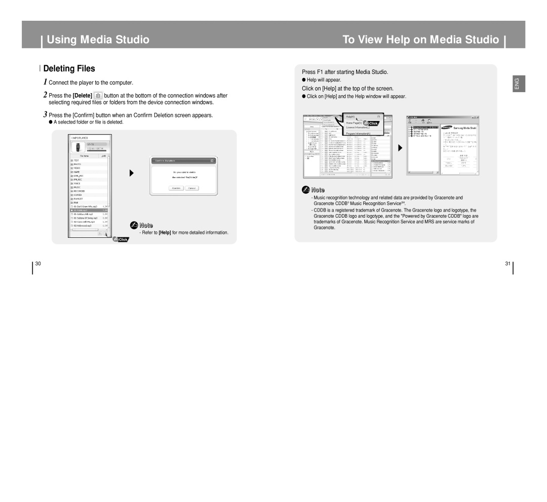 Samsung YP-T8 manual To View Help on Media Studio, Deleting Files, Connect the player to the computer 