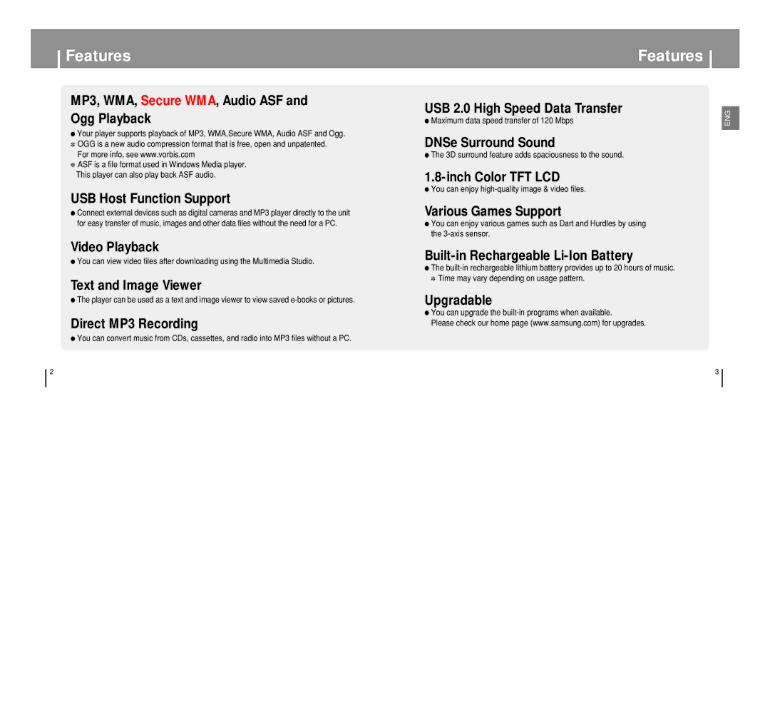 Samsung YP-T8 manual Features, Maximum data speed transfer of 120 Mbps, 3D surround feature adds spaciousness to the sound 