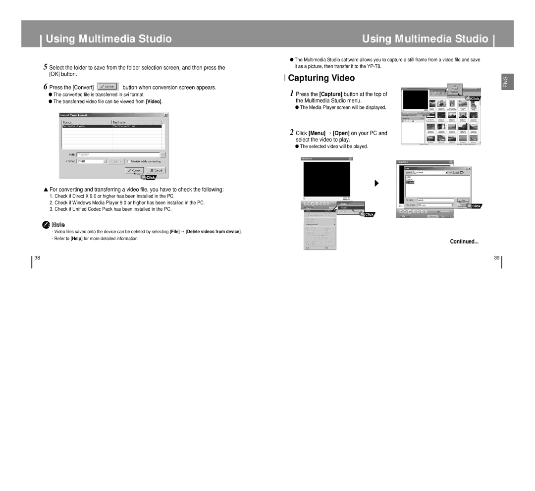 Samsung YP-T8 manual Click Menu → Open on your PC and select the video to play, Media Player screen will be displayed 