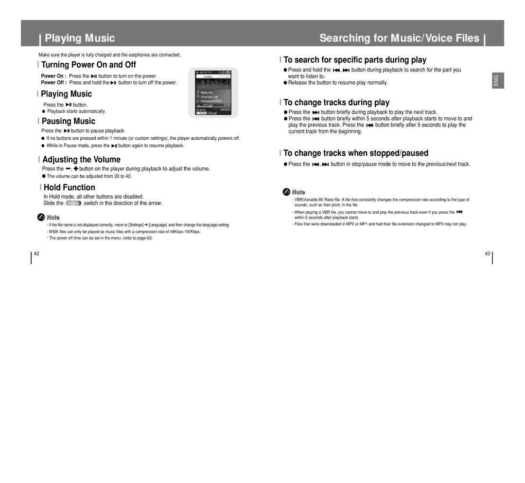 Samsung YP-T8 manual Playing Music, Searching for Music/Voice Files 