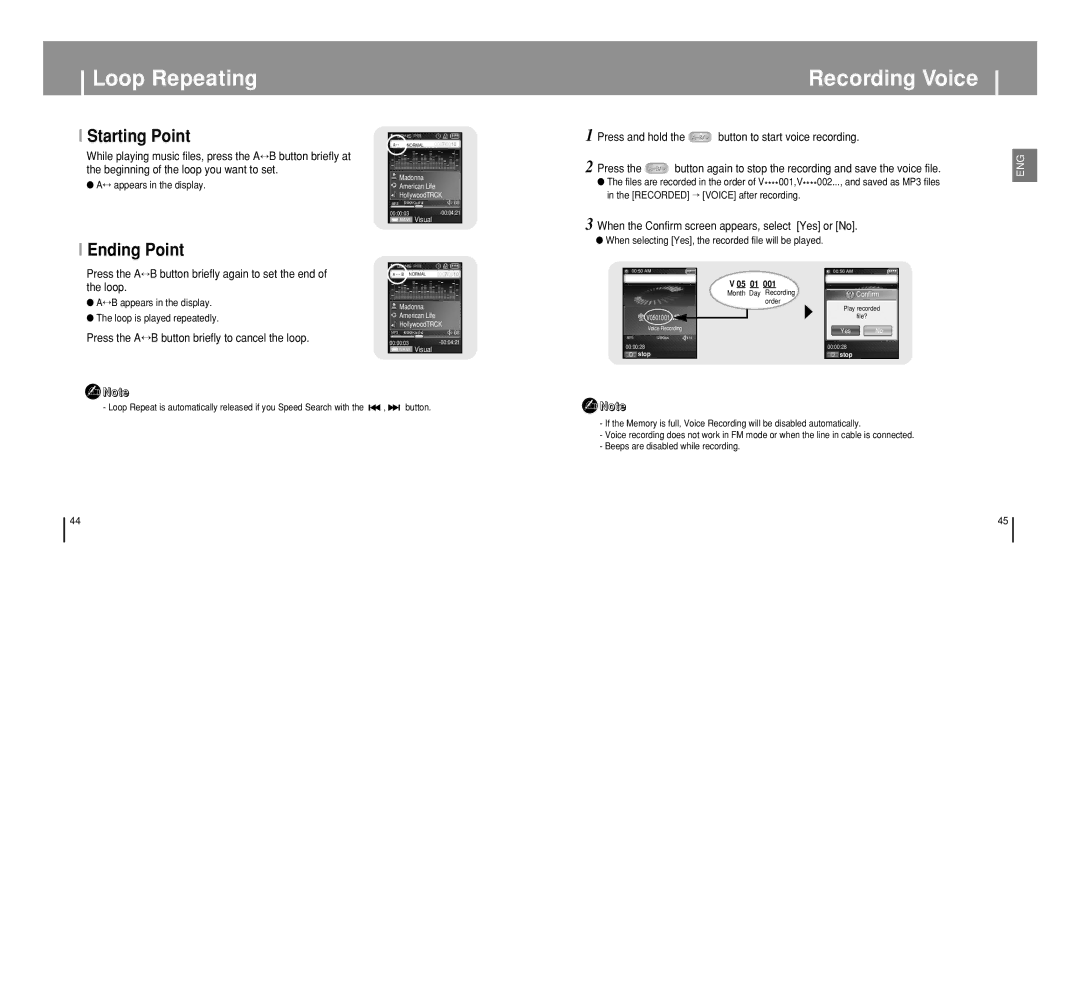 Samsung YP-T8 manual Loop Repeating Recording Voice, Starting Point, Ending Point 