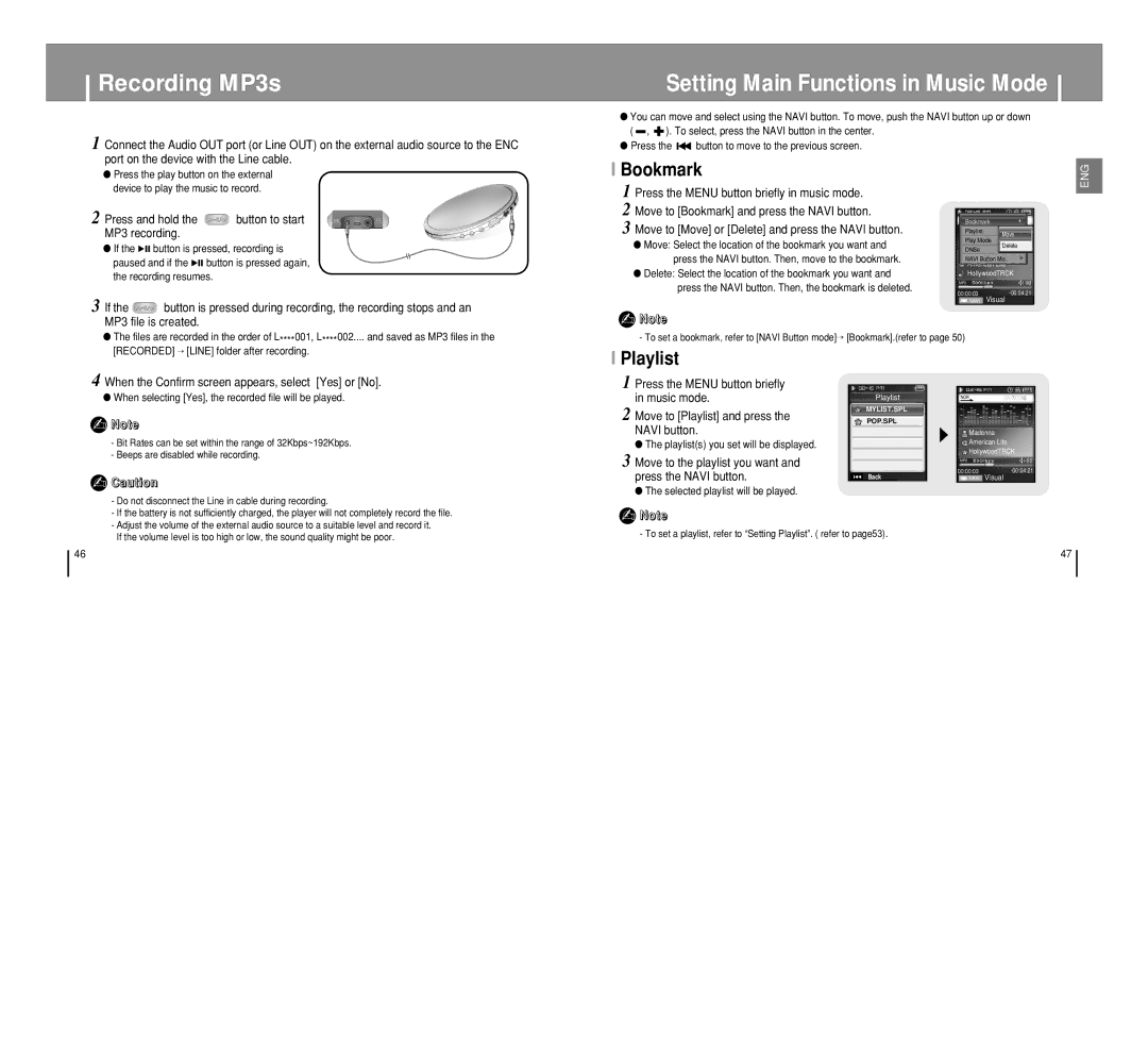 Samsung YP-T8 manual Recording MP3s, Bookmark, Playlist 