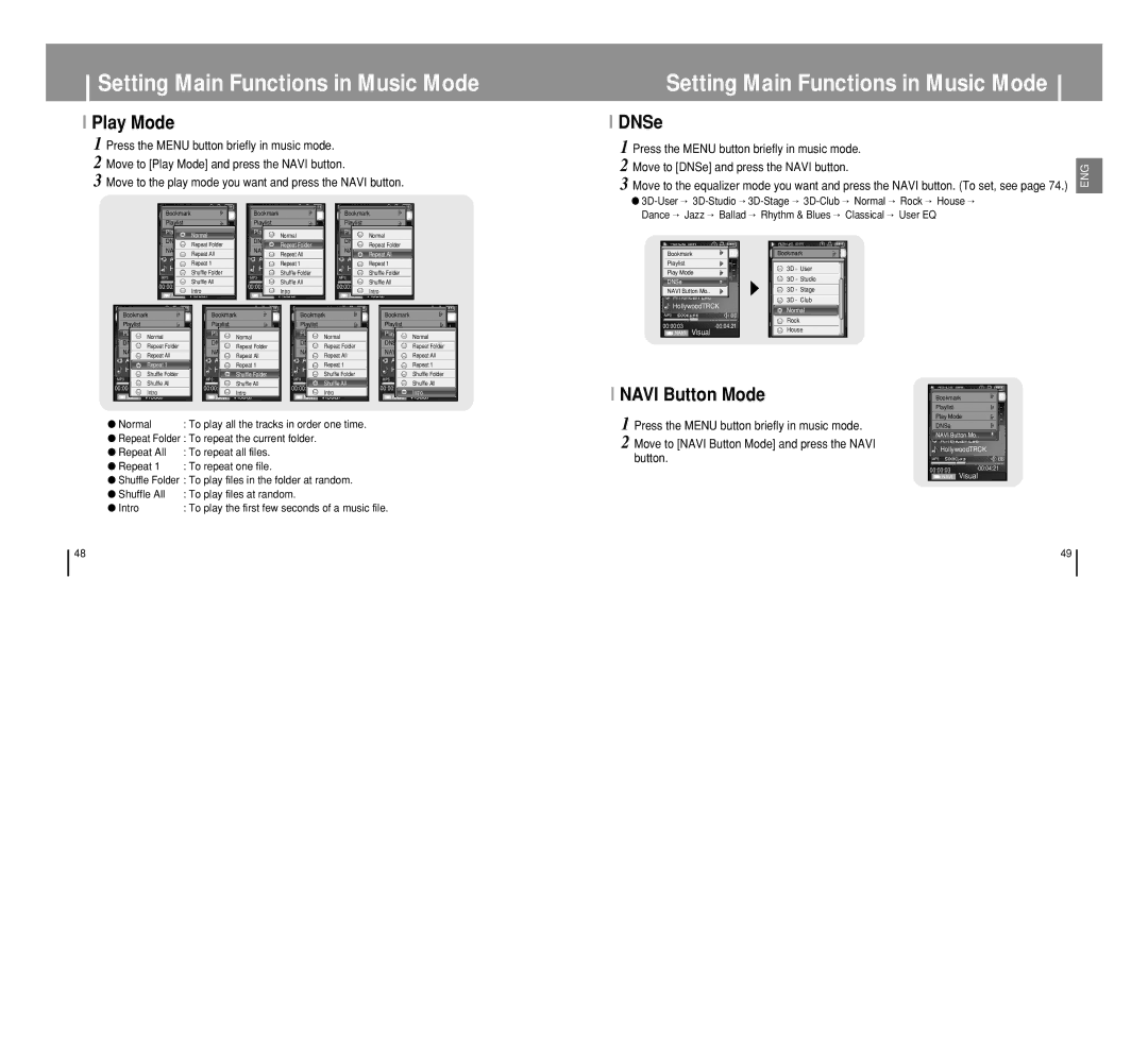 Samsung YP-T8 manual Play Mode, DNSe, Navi Button Mode, Press the Menu button briefly in music mode 