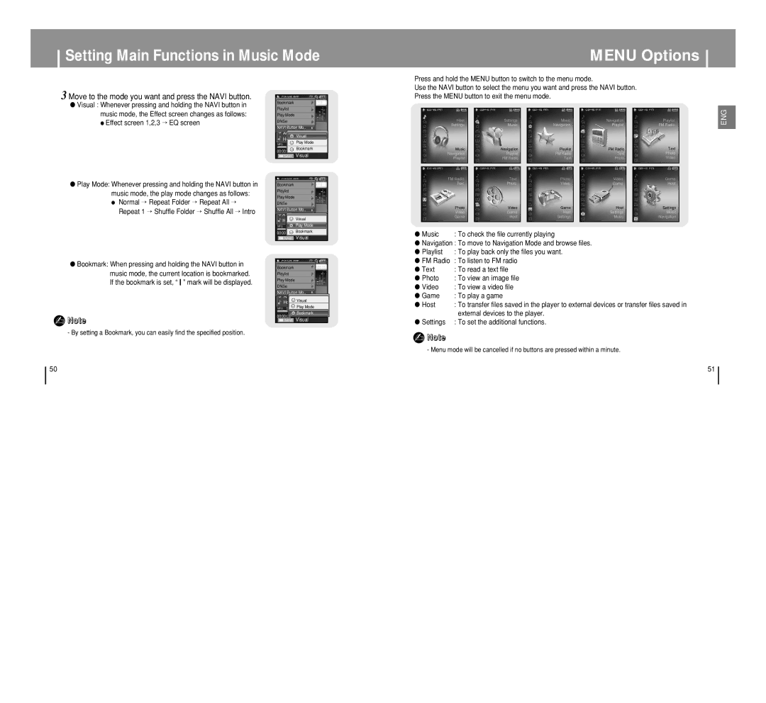 Samsung YP-T8 manual Menu Options, Move to the mode you want and press the Navi button 