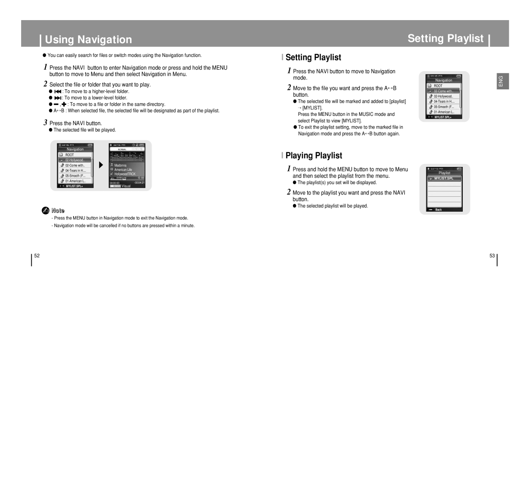 Samsung YP-T8 manual Using Navigation Setting Playlist, Playing Playlist, Press the Navi button 