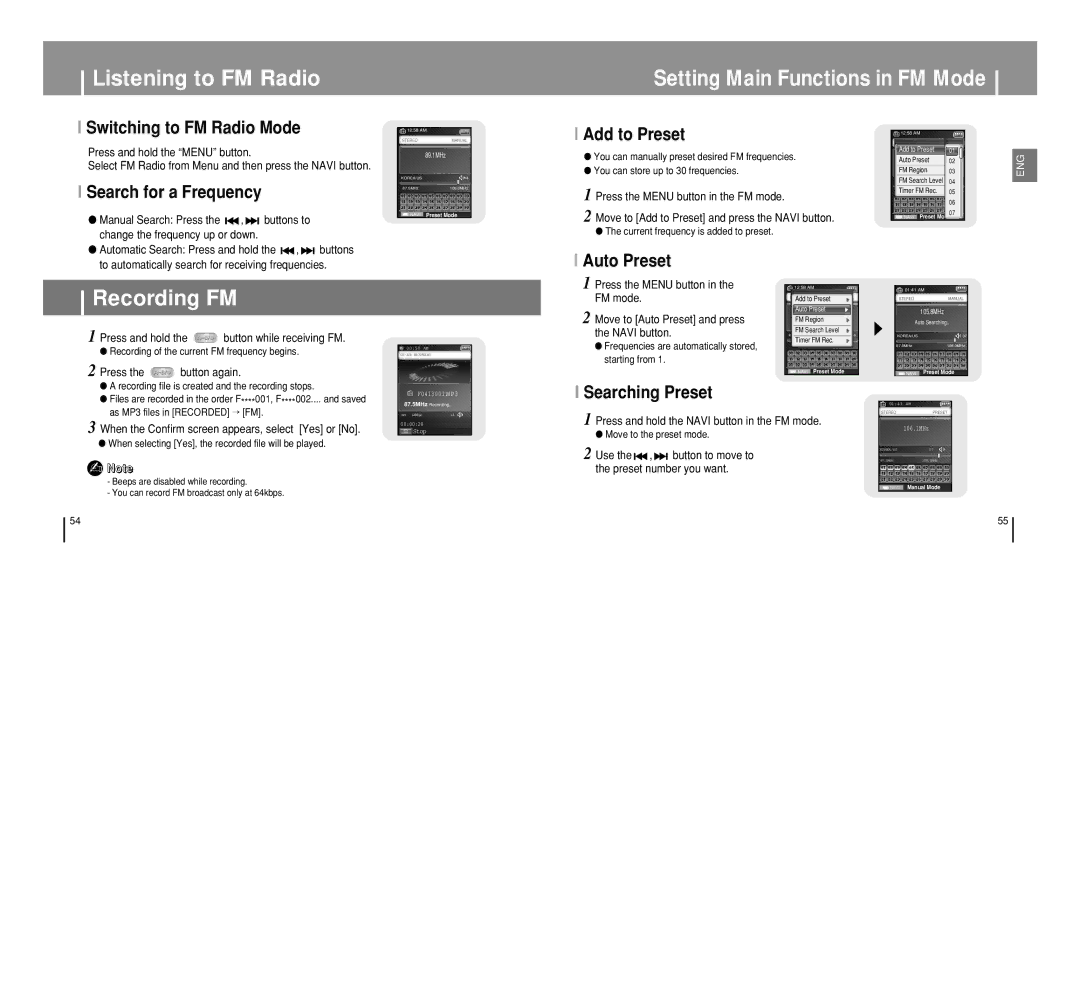 Samsung YP-T8 manual Listening to FM Radio, Recording FM 