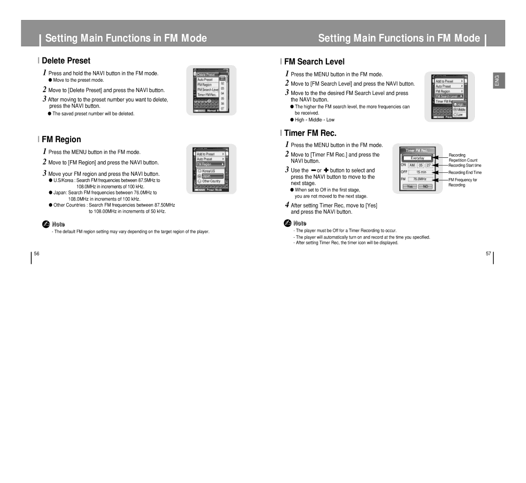 Samsung YP-T8 manual Delete Preset, FM Search Level, FM Region, Timer FM Rec, Press the Menu button in the FM mode 