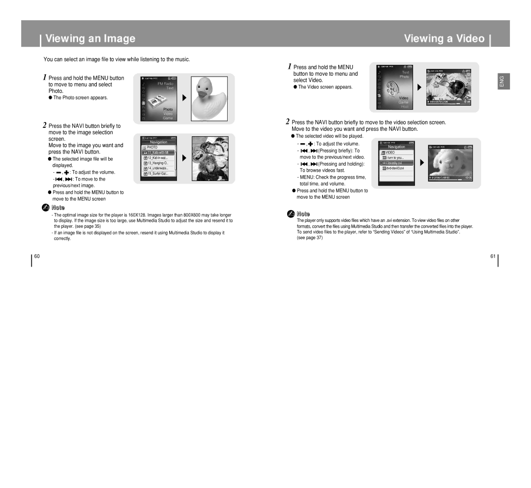 Samsung YP-T8 manual Viewing an Image, Viewing a Video, Press and hold the Menu Button to move to menu, Select Video 