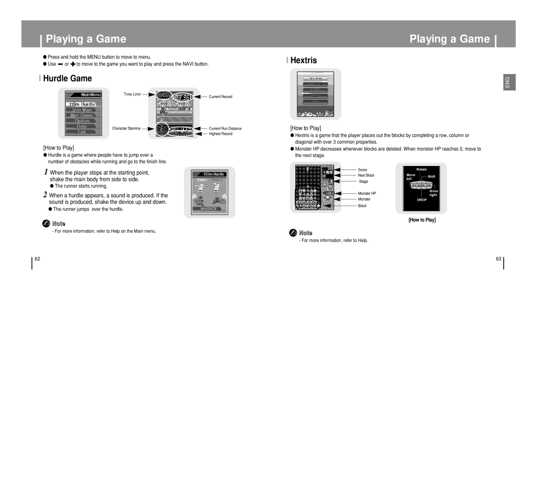 Samsung YP-T8 manual Playing a Game, Hurdle Game, Hextris, How to Play 