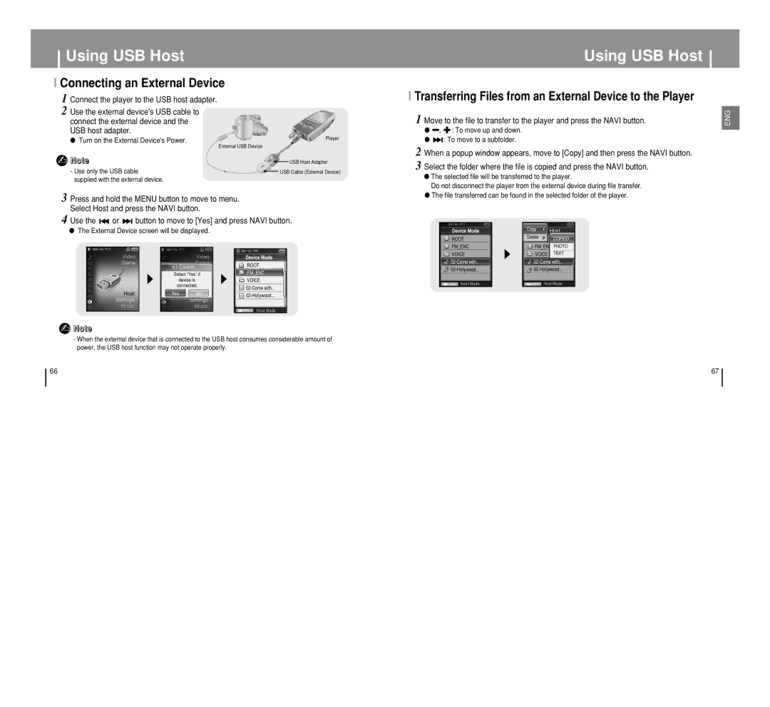 Samsung YP-T8 Using USB Host, Connecting an External Device, Transferring Files from an External Device to the Player 