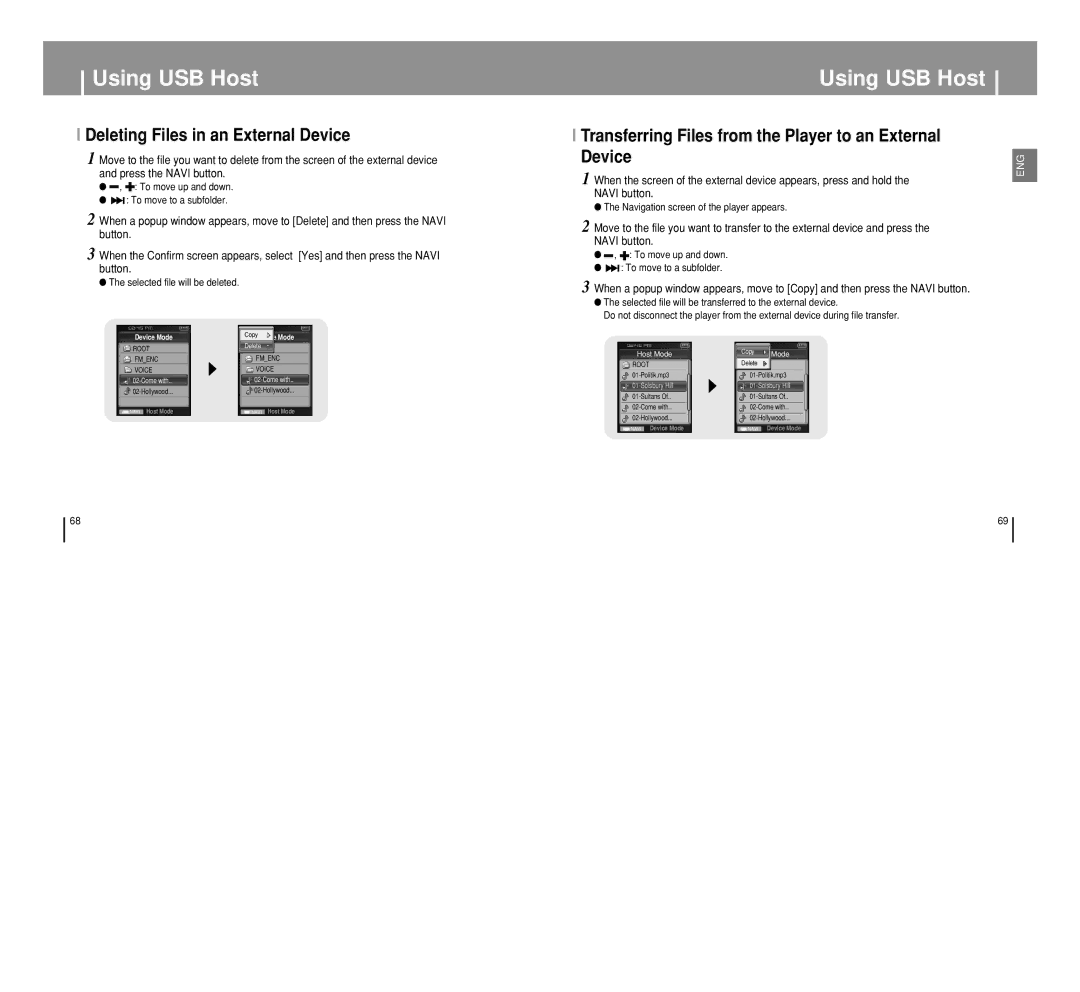 Samsung YP-T8 manual Deleting Files in an External Device, Transferring Files from the Player to an External Device 