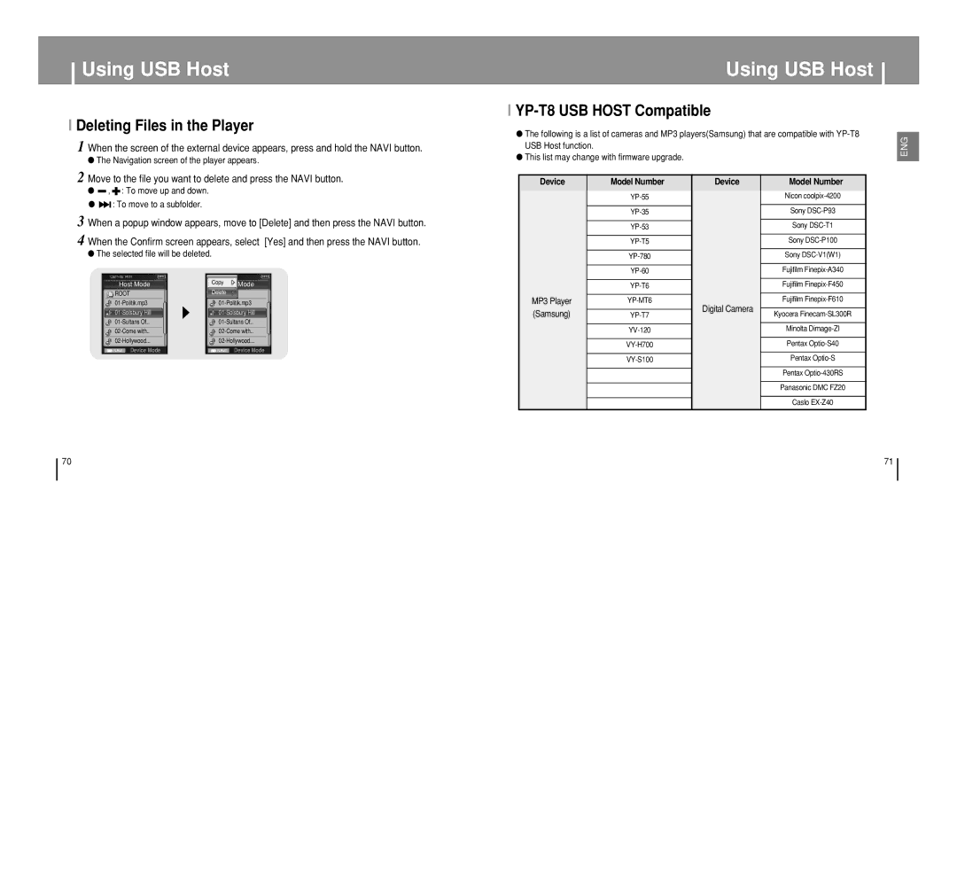 Samsung manual Deleting Files in the Player, YP-T8 USB Host Compatible, MP3 Player Samsung, Digital Camera 