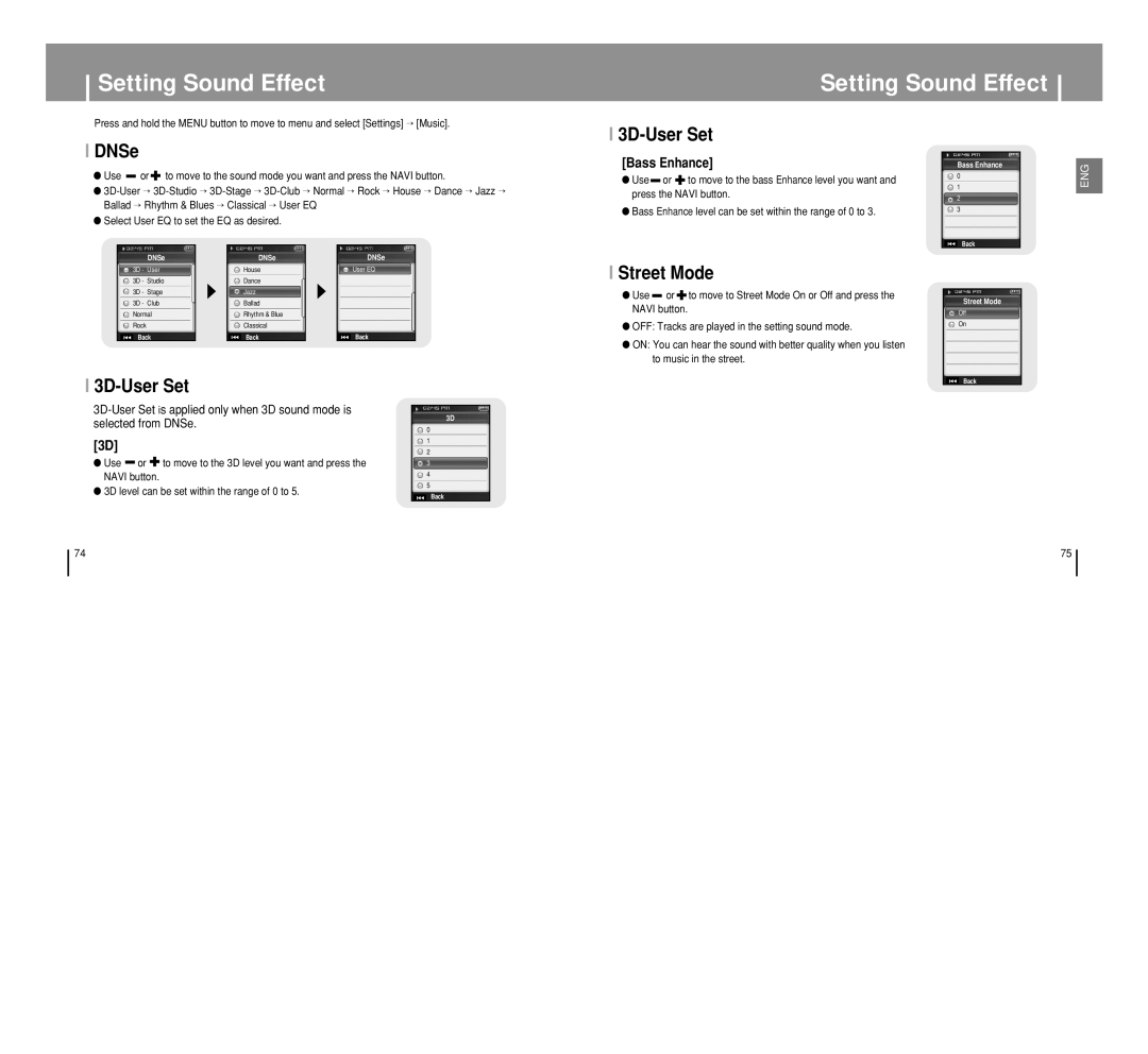 Samsung YP-T8 manual Setting Sound Effect, 3D-User Set, Street Mode 