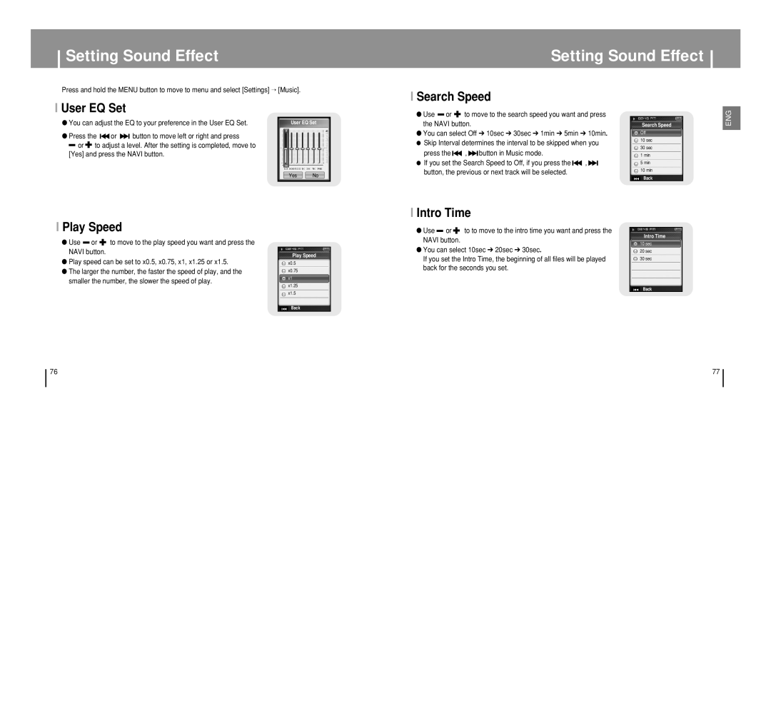 Samsung YP-T8 manual Search Speed User EQ Set, Play Speed, Intro Time 