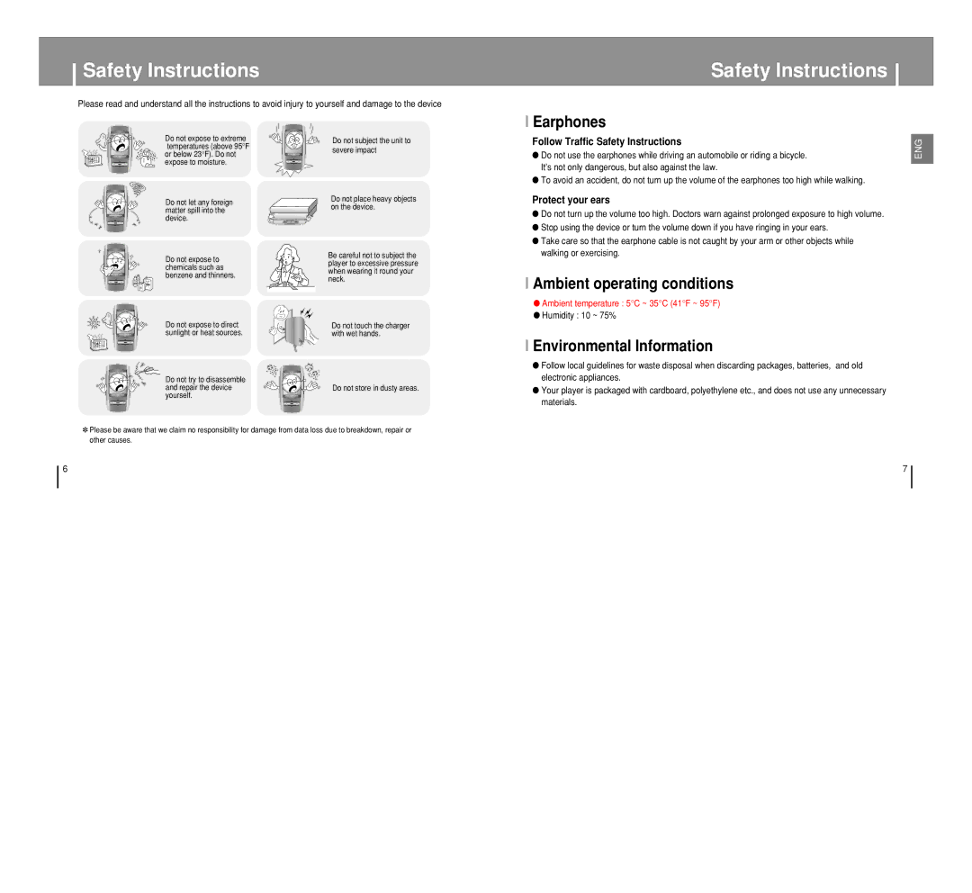 Samsung YP-T8 Safety Instructions, Earphones, Ambient operating conditions, Environmental Information, Humidity 10 ~ 75% 