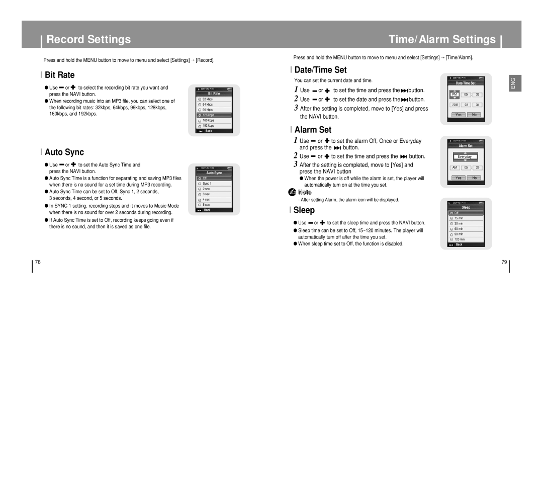 Samsung YP-T8 manual Record Settings, Time/Alarm Settings 