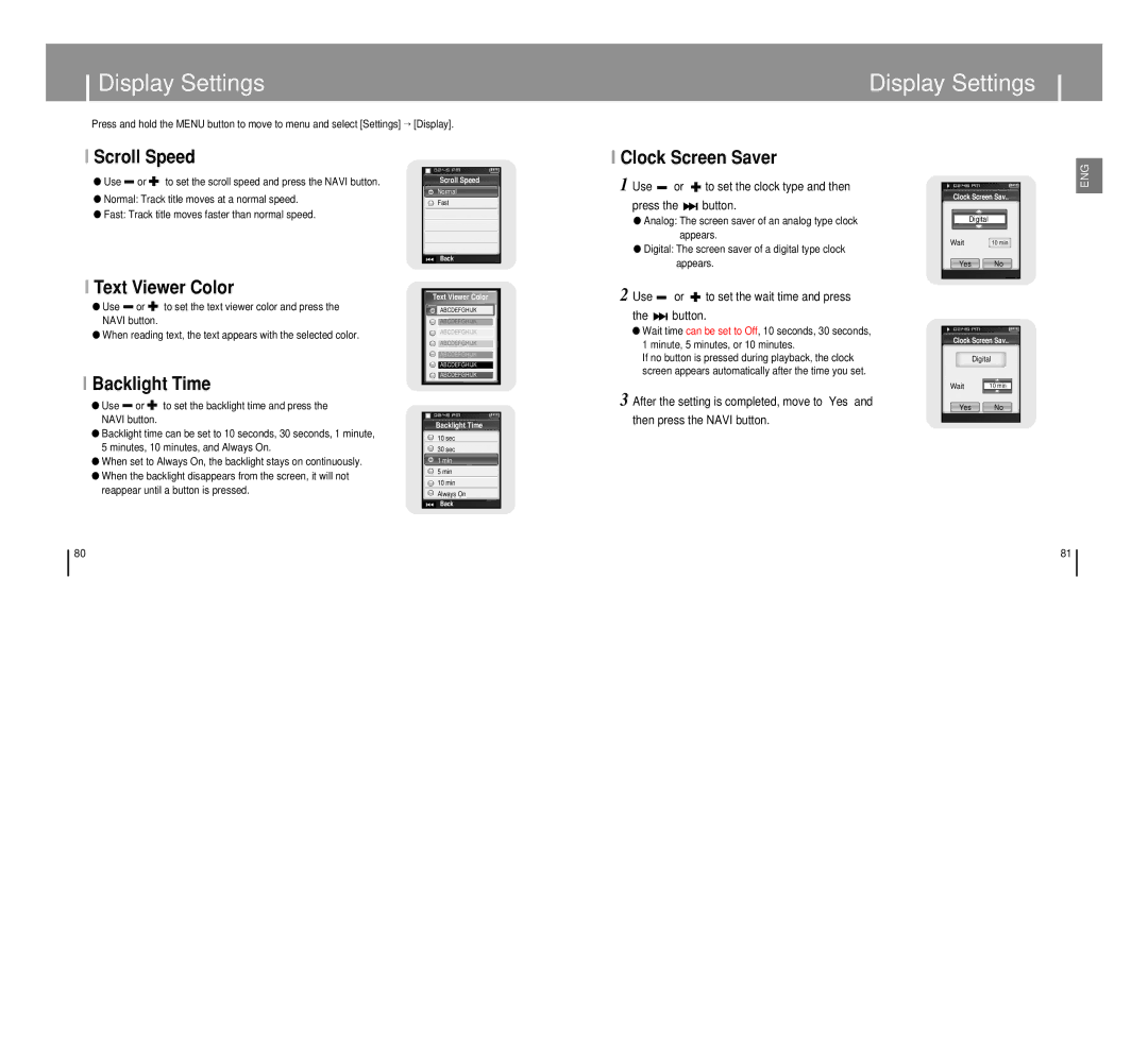 Samsung YP-T8 manual Display Settings, Scroll Speed, Clock Screen Saver, Backlight Time 