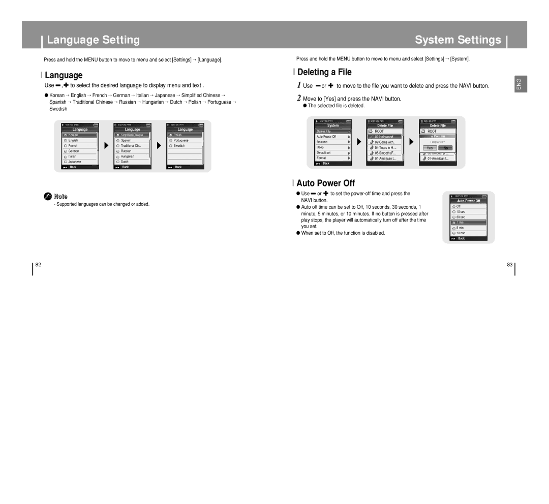 Samsung YP-T8 manual Language Setting, System Settings, Deleting a File, Auto Power Off 