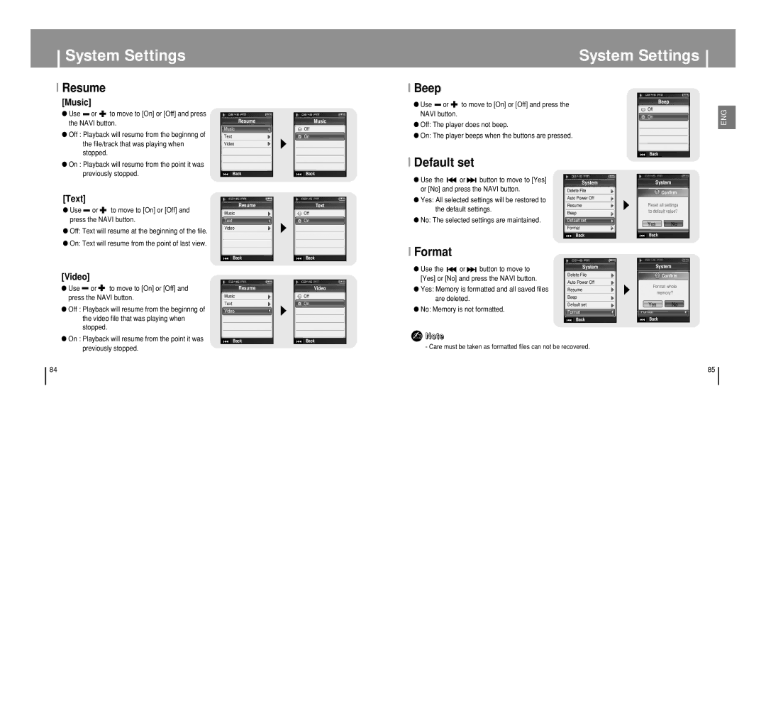 Samsung YP-T8 manual Resume, Beep, Format 