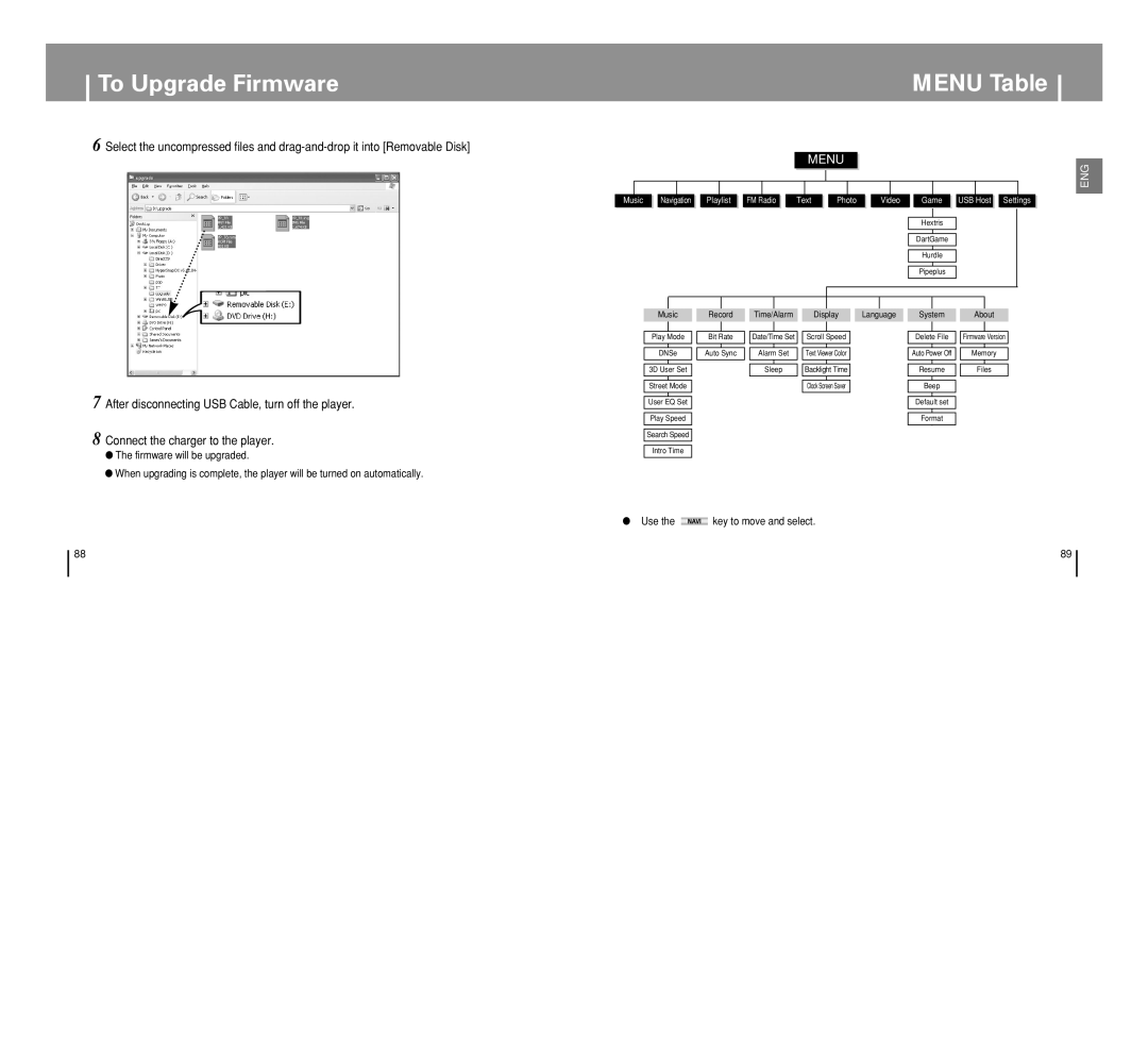 Samsung YP-T8 manual To Upgrade Firmware Menu Table, Use the key to move and select 