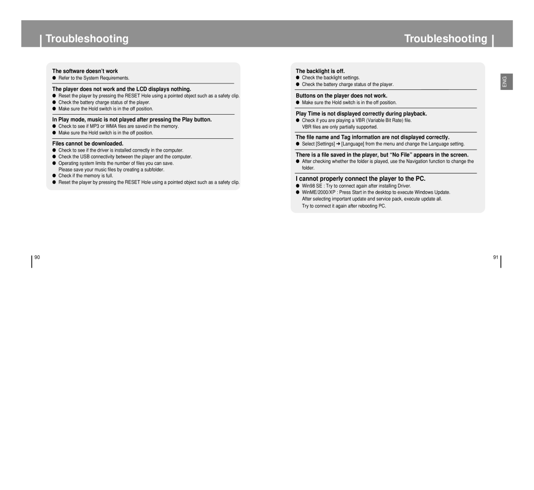 Samsung YP-T8 manual Troubleshooting, Refer to the System Requirements 