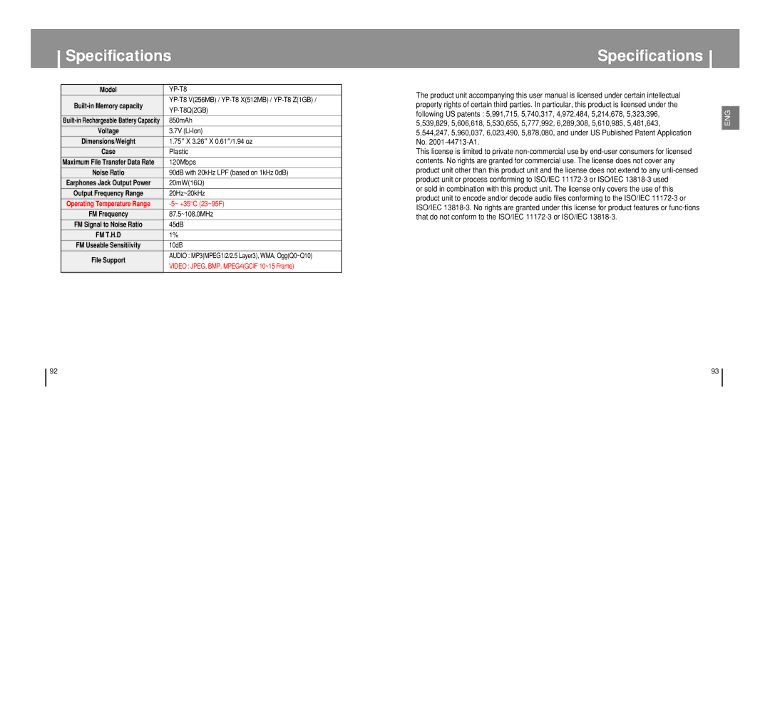 Samsung YP-T8 manual Specifications 