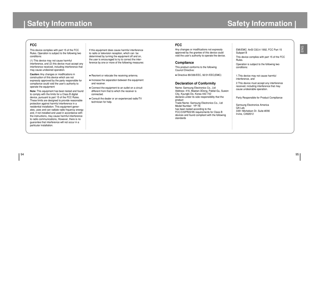 Samsung YP-T8 manual Safety Information 