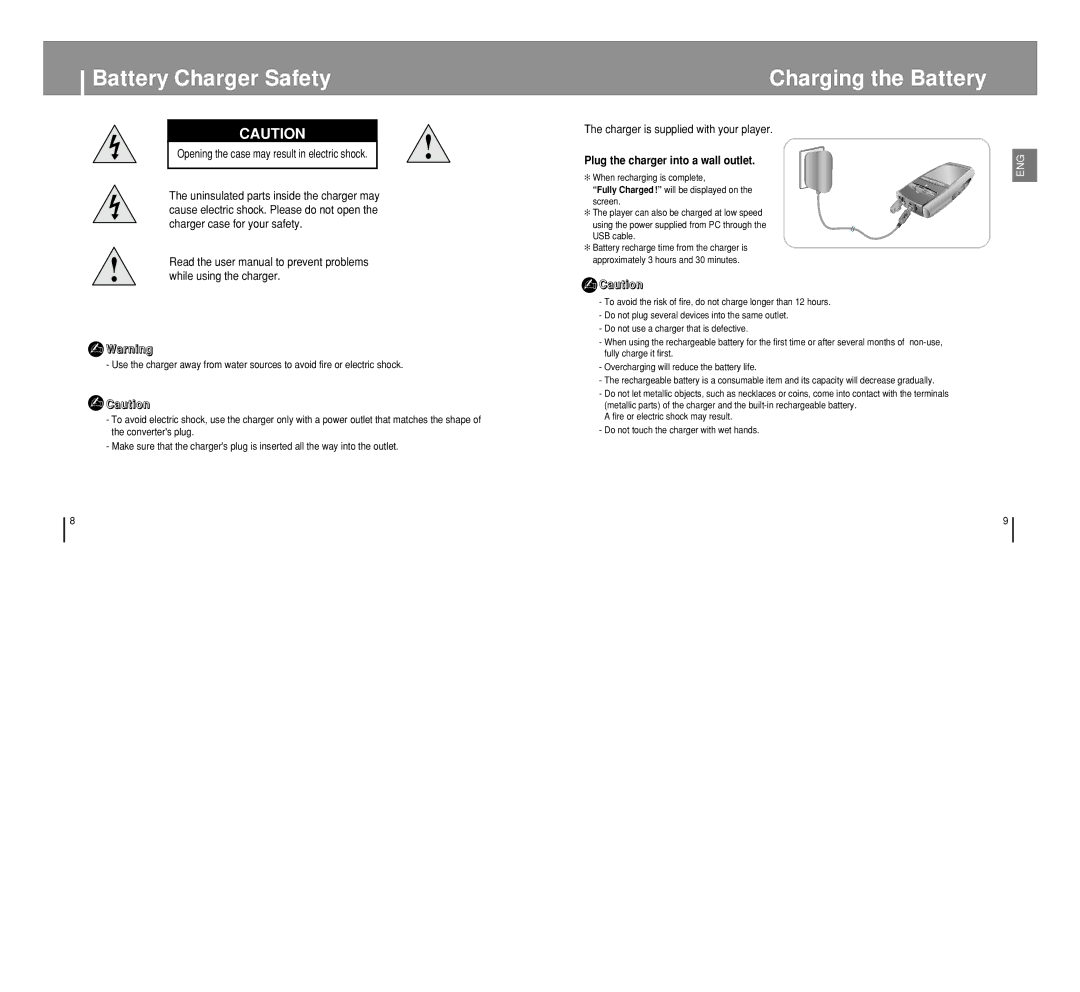 Samsung YP-T8 manual Battery Charger Safety, Charging the Battery, Charger is supplied with your player 