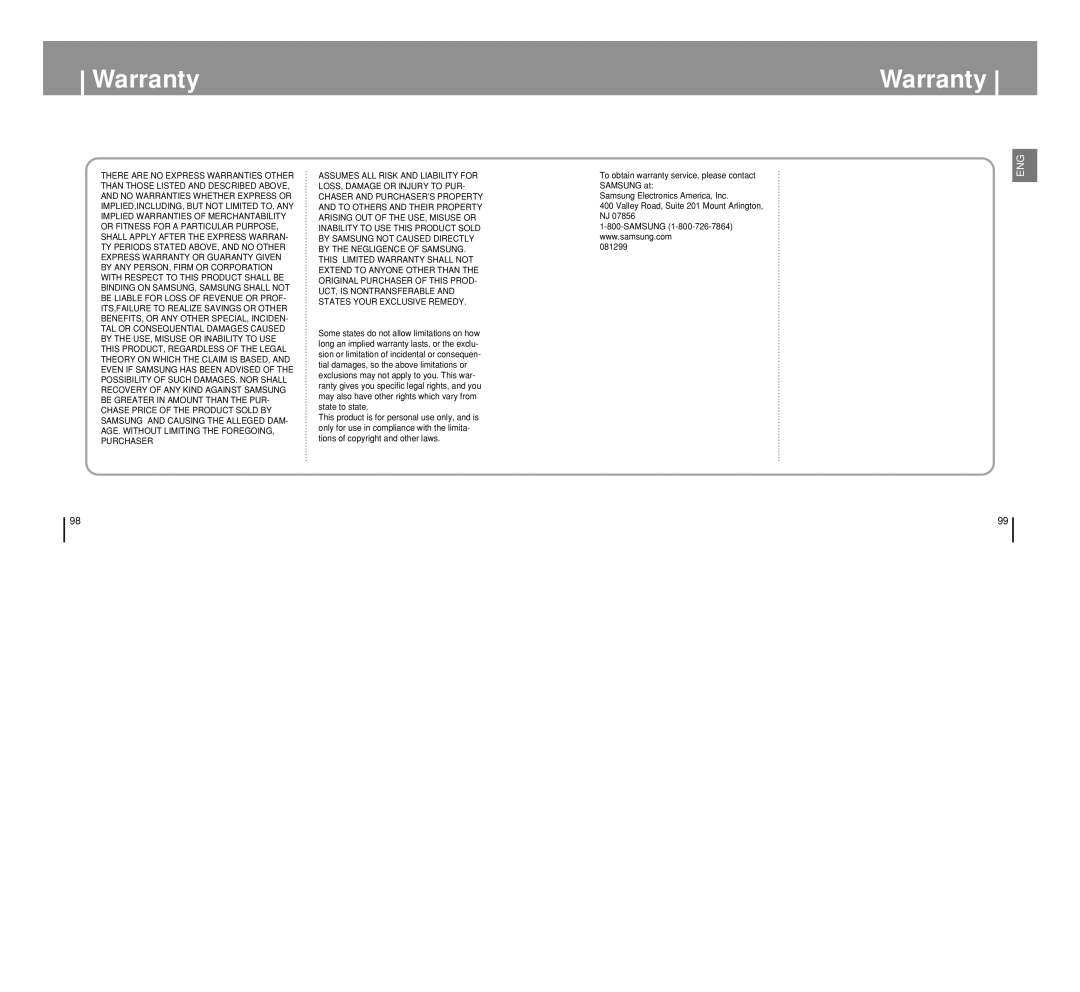 Samsung YP-T8 manual Warranty 