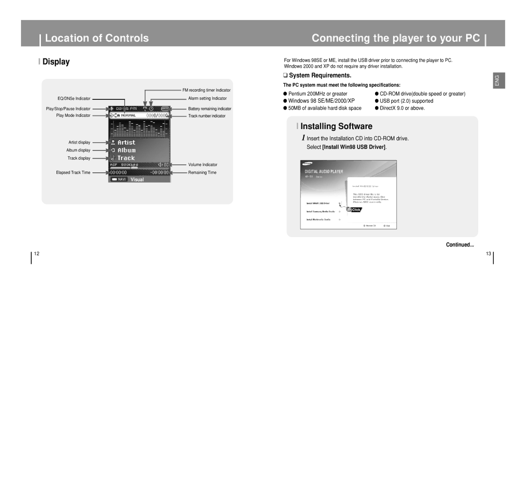 Samsung YP-T8 manual Connecting the player to your PC, Display, Windows 98 SE/ME/2000/XP 