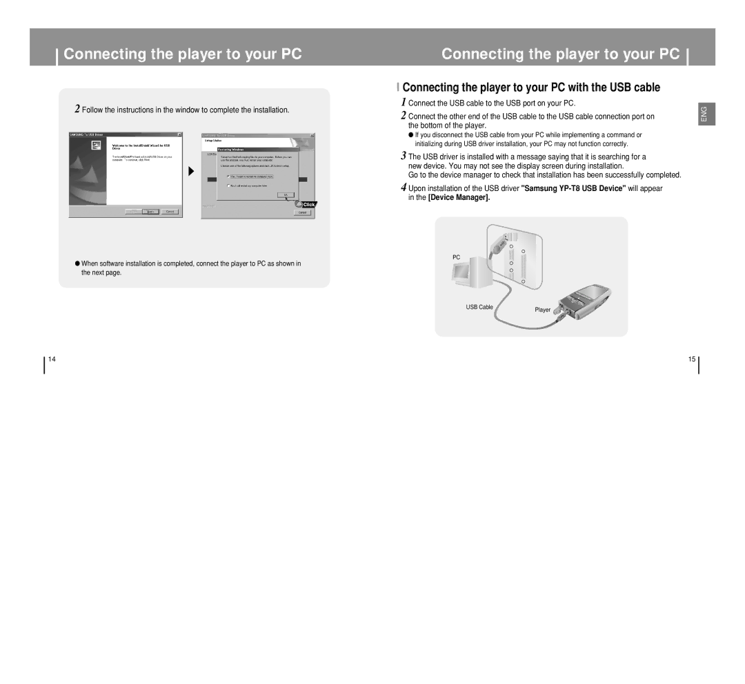 Samsung YP-T8 manual Connecting the player to your PC with the USB cable 