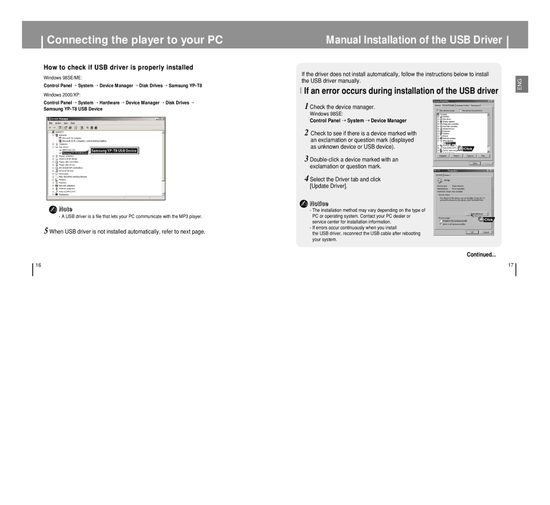 Samsung YP-T8 manual If an error occurs during installation of the USB driver, Check the device manager, Windows 98SE/ME 