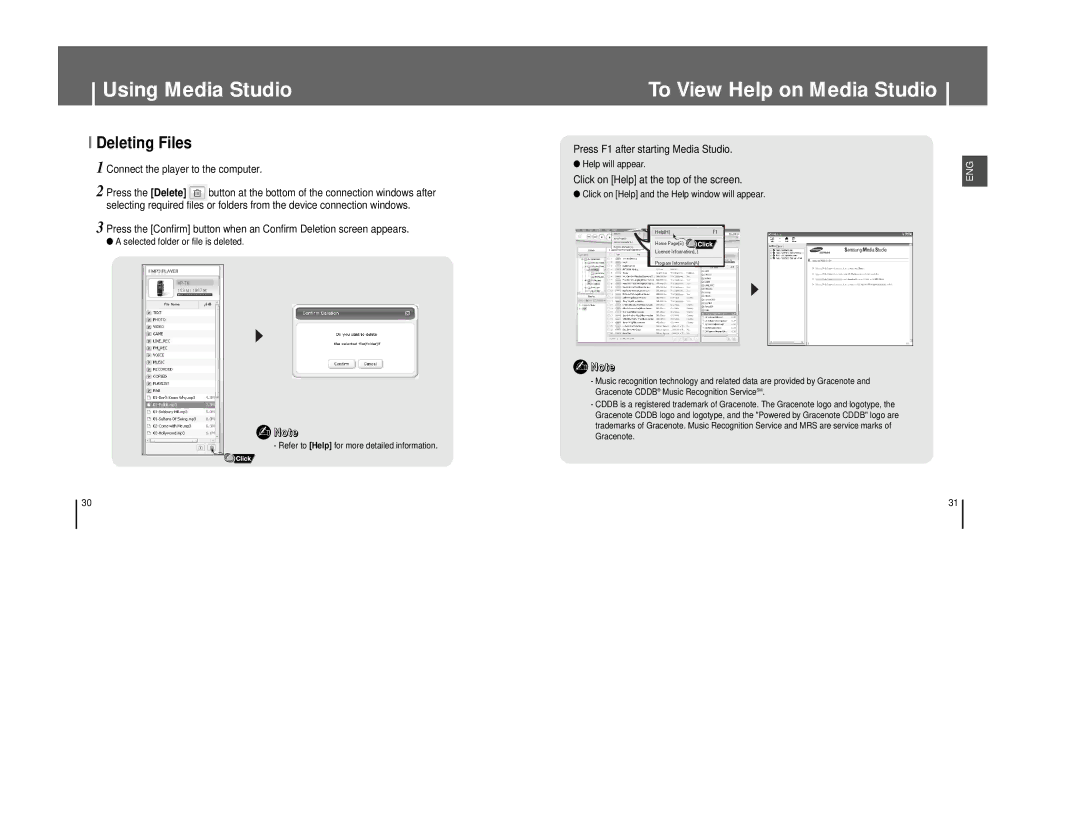 Samsung YP-T8VB/XSV, YP-T8A/ELS manual To View Help on Media Studio, Deleting Files, Connect the player to the computer 