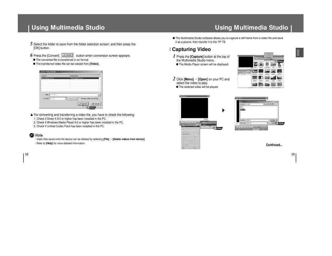 Samsung YP-T8XE/XFO manual Click Menu → Open on your PC and select the video to play, Media Player screen will be displayed 