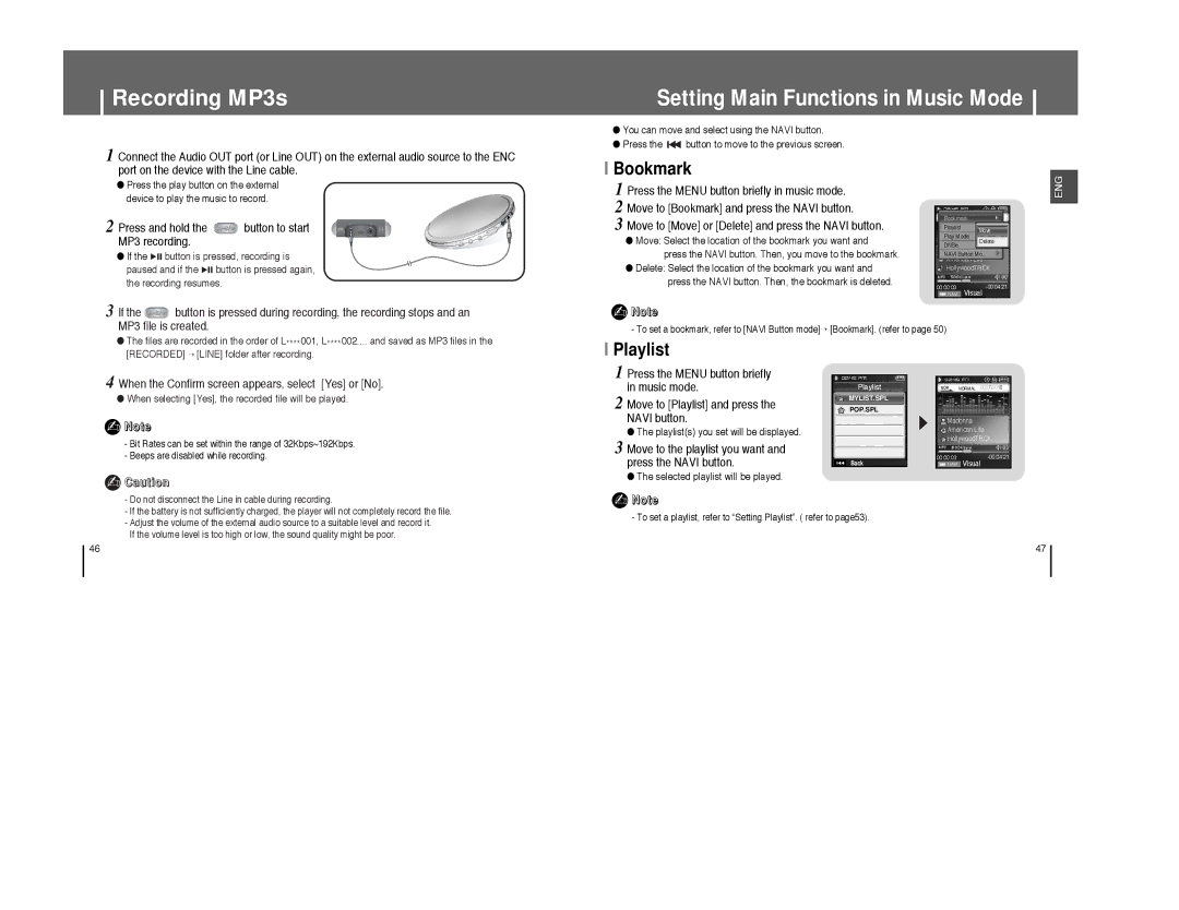 Samsung YP-T8Z/ELS, YP-T8A/ELS, YP-T8Q/ELS, YP-T8X/ELS, YP-T8Q/EDC, YP-T8QW/AAW, YP-T8V/AAW Recording MP3s, Bookmark, Playlist 