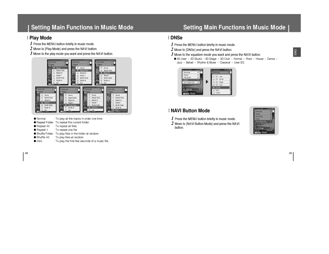 Samsung YP-T8Q/EDC, YP-T8A/ELS, YP-T8Q/ELS manual Play Mode, DNSe, Navi Button Mode, To play all the tracks in order one time 