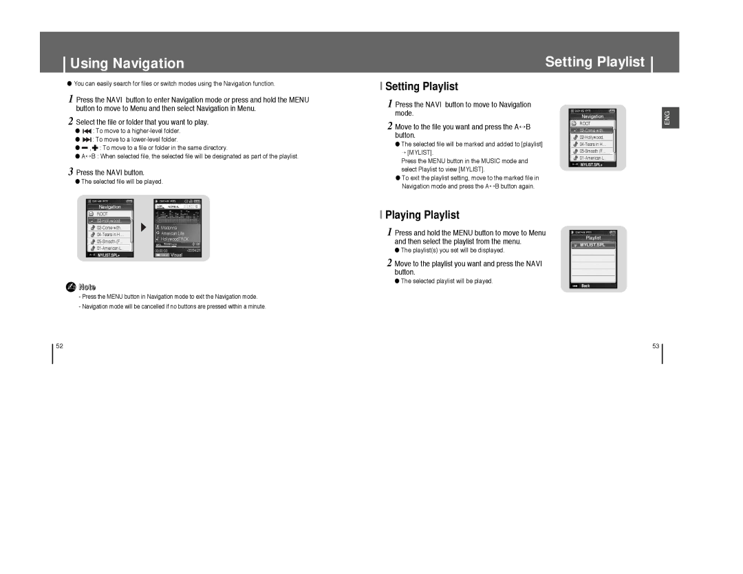 Samsung YP-T8V/AAW, YP-T8A/ELS, YP-T8Q/ELS manual Using Navigation Setting Playlist, Playing Playlist, Press the Navi button 