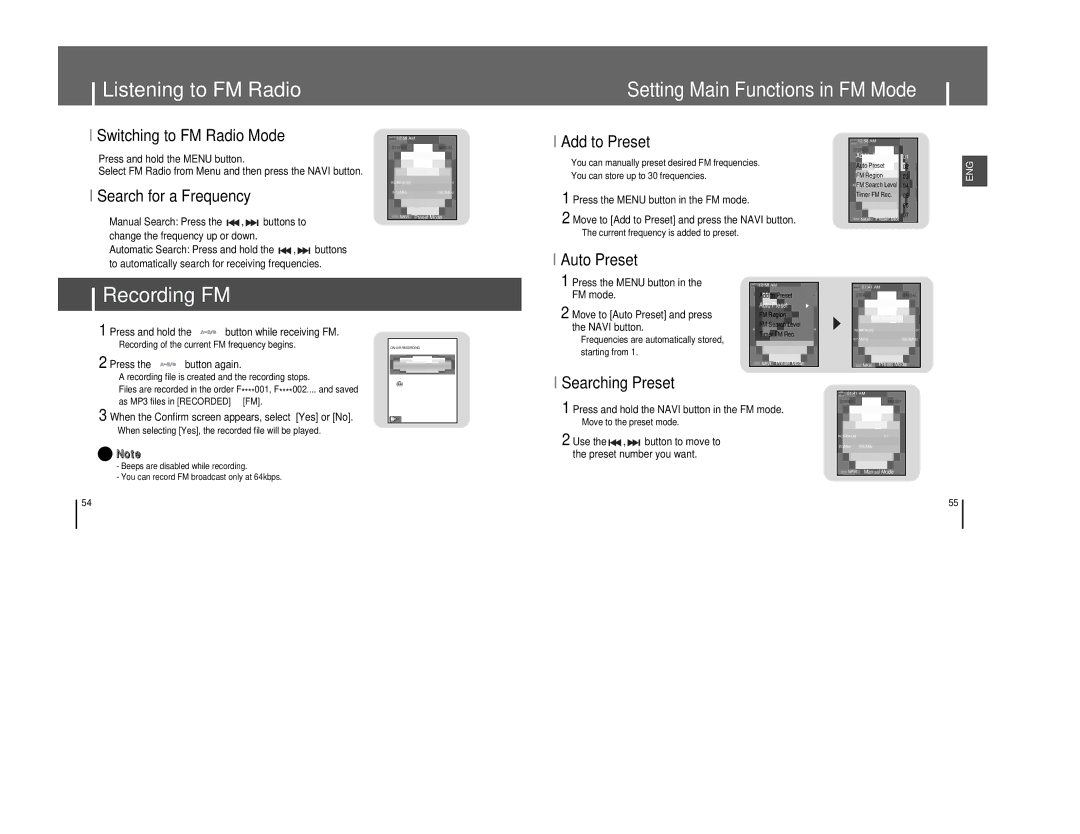 Samsung YP-T8X/XSG, YP-T8A/ELS, YP-T8Q/ELS, YP-T8X/ELS, YP-T8Z/ELS, YP-T8Q/EDC, YP-T8QW/AAW Listening to FM Radio, Recording FM 