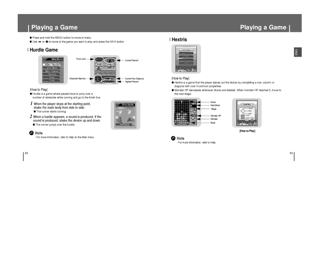 Samsung YP-T8VB/HAO, YP-T8A/ELS Playing a Game, Hextris Hurdle Game, How to Play, Shake the main body from side to side 