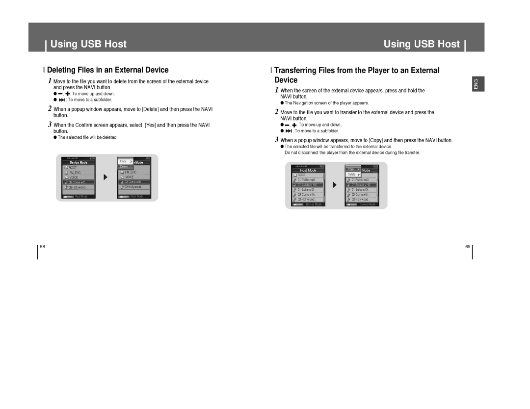 Samsung YP-T8XE/HAO manual Deleting Files in an External Device, Transferring Files from the Player to an External Device 