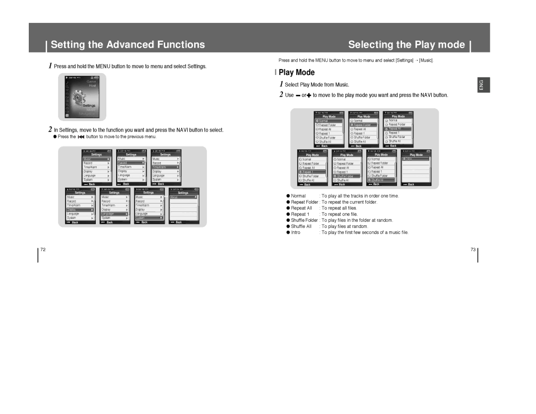 Samsung YP-T8VB/XSV Setting the Advanced Functions, Selecting the Play mode, Press the button to move to the previous menu 