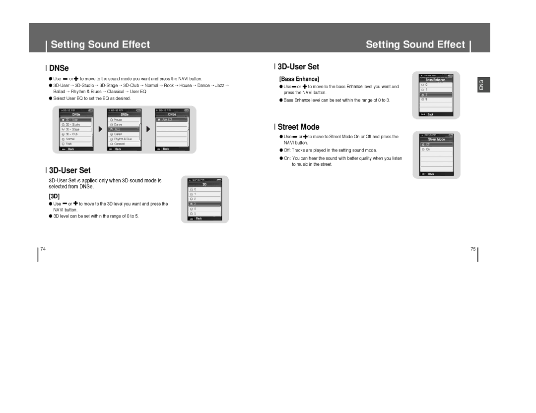 Samsung YP-T8XE/XSV, YP-T8A/ELS, YP-T8Q/ELS, YP-T8X/ELS, YP-T8Z/ELS, YP-T8Q/EDC Setting Sound Effect, 3D-User Set, Street Mode 